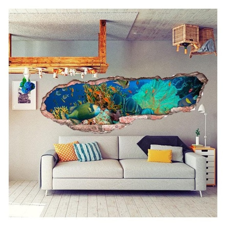 Vinilo agujero 3d mar peces y corales