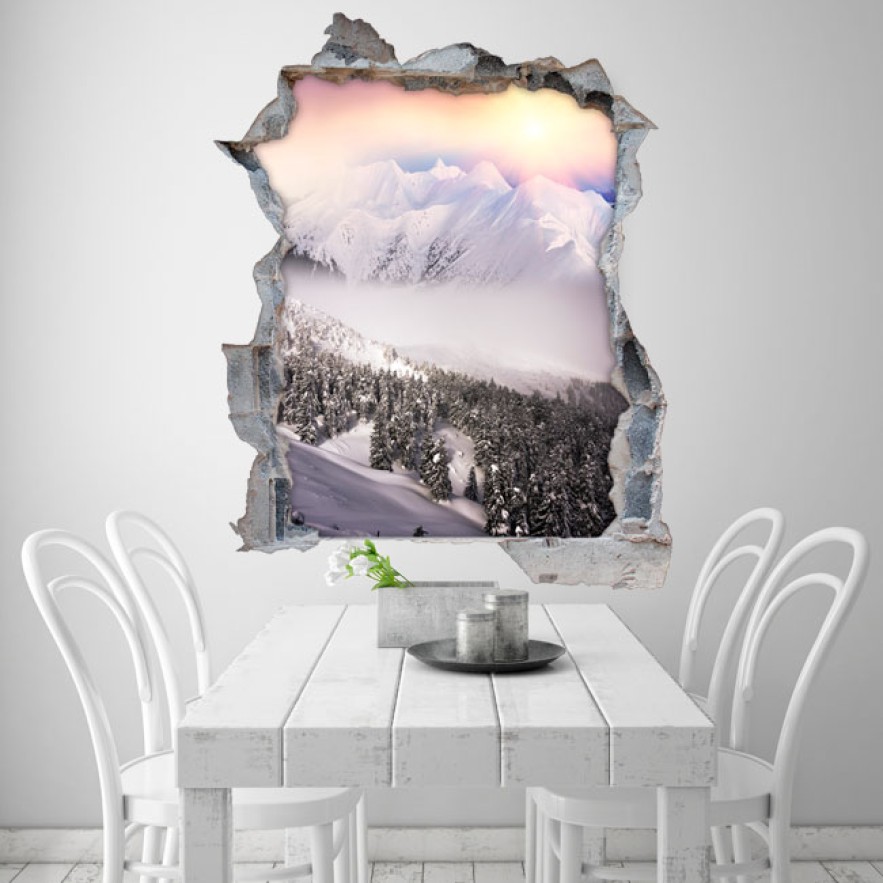 Vinilo agujero 3d montañas nevadas atardecer