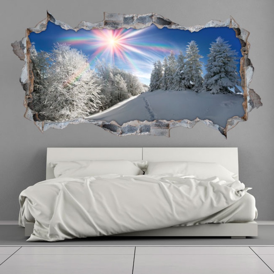 Vinilos agujeros 3d montañas nevadas rayos de sol