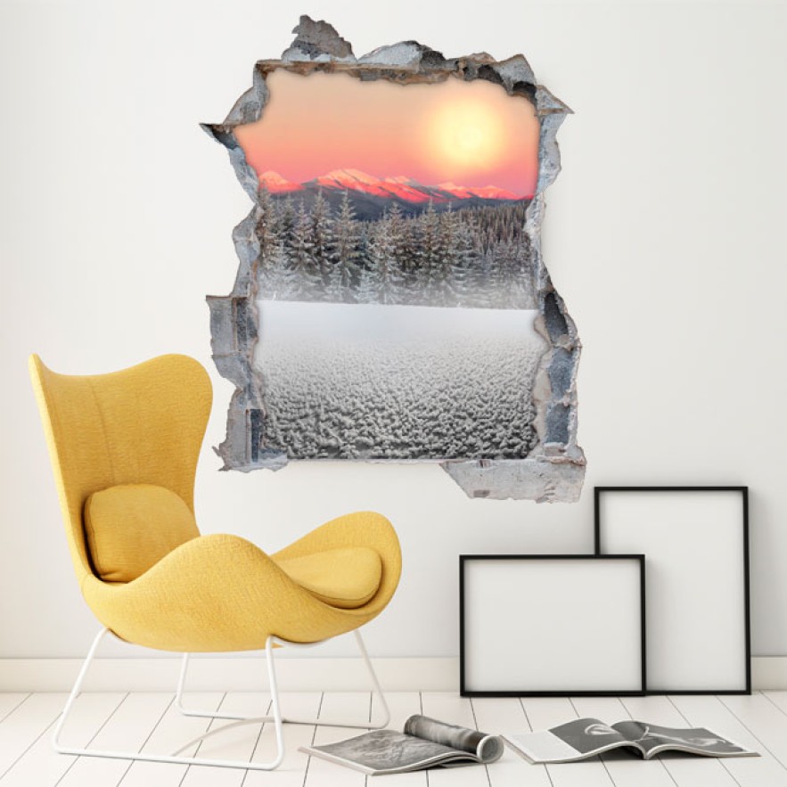 Vinilos agujeros 3d montañas nevadas al atardecer