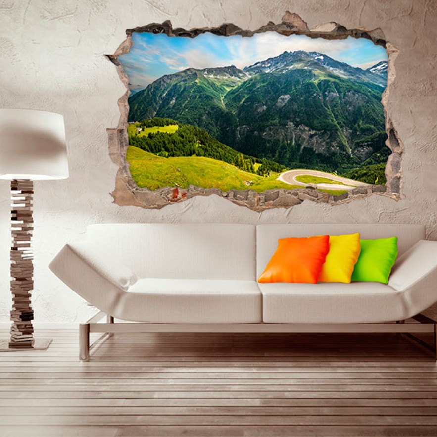 Vinilos agujero 3d paisaje montañas