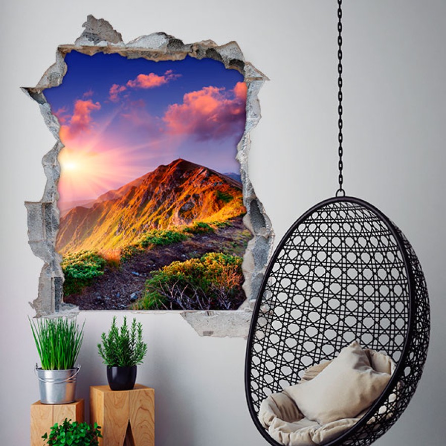Vinilos agujero 3d montañas y puesta de sol
