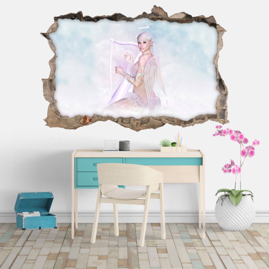 Vinilos decorativos agujero 3d ilustración mujer ángel