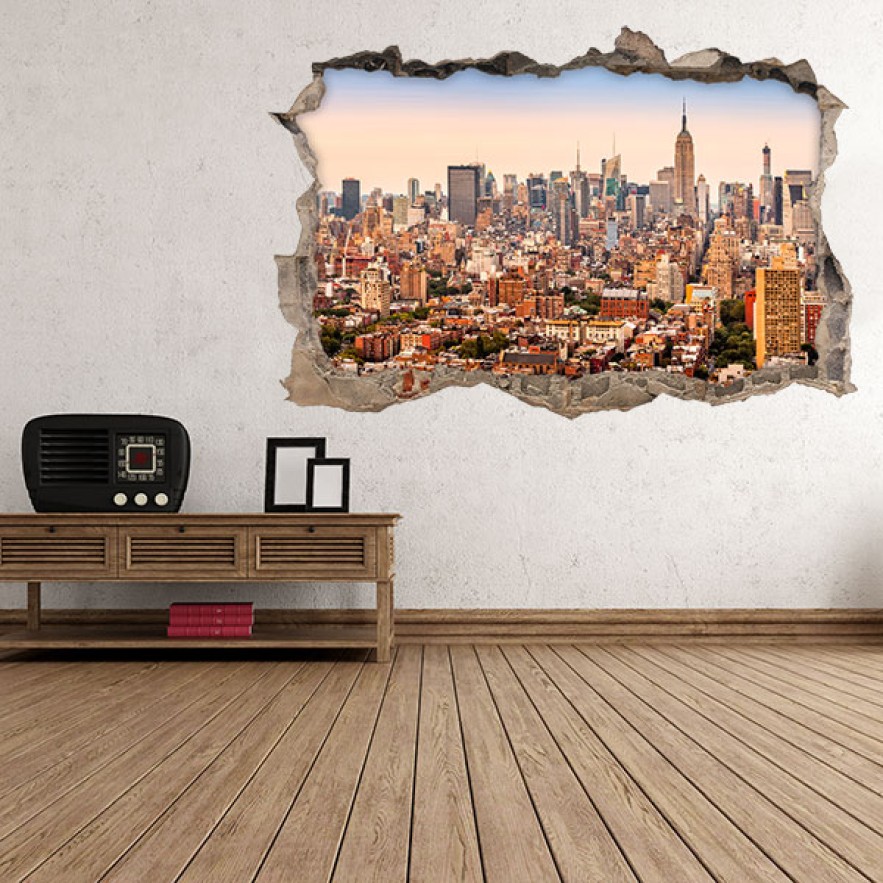 Vinilos agujero 3d skyline new york atardecer