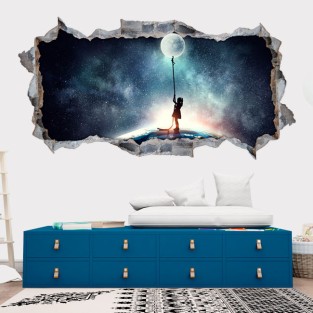 Vinilos agujero 3d silueta niña y la luna Vinilos agujero 3d silueta niña y la luna
