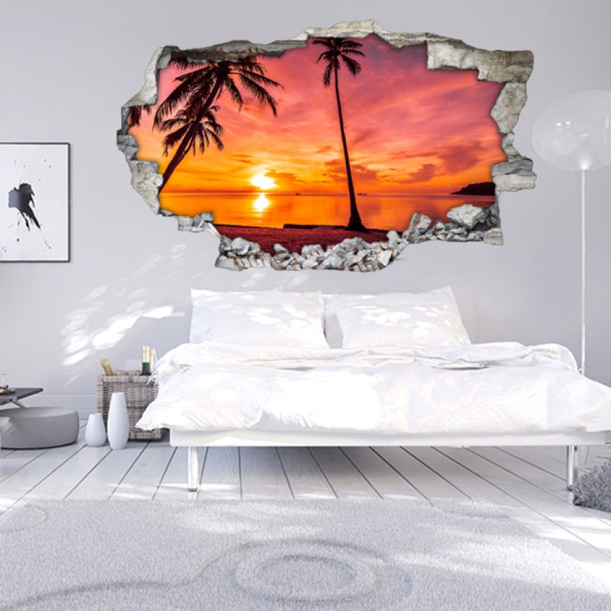 Vinilos agujero 3d palmeras al atardecer en la playa