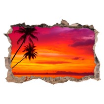 Vinilos agujero 3d palmeras en la playa al atardecer