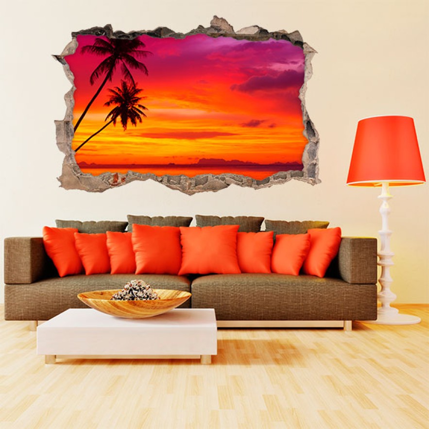 Vinilos agujero 3d palmeras en la playa al atardecer