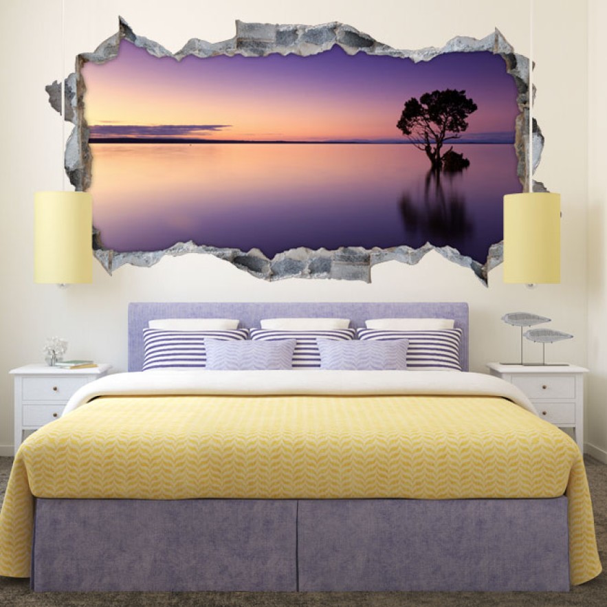 Vinilos agujero 3d paisaje atardecer lago con árbol