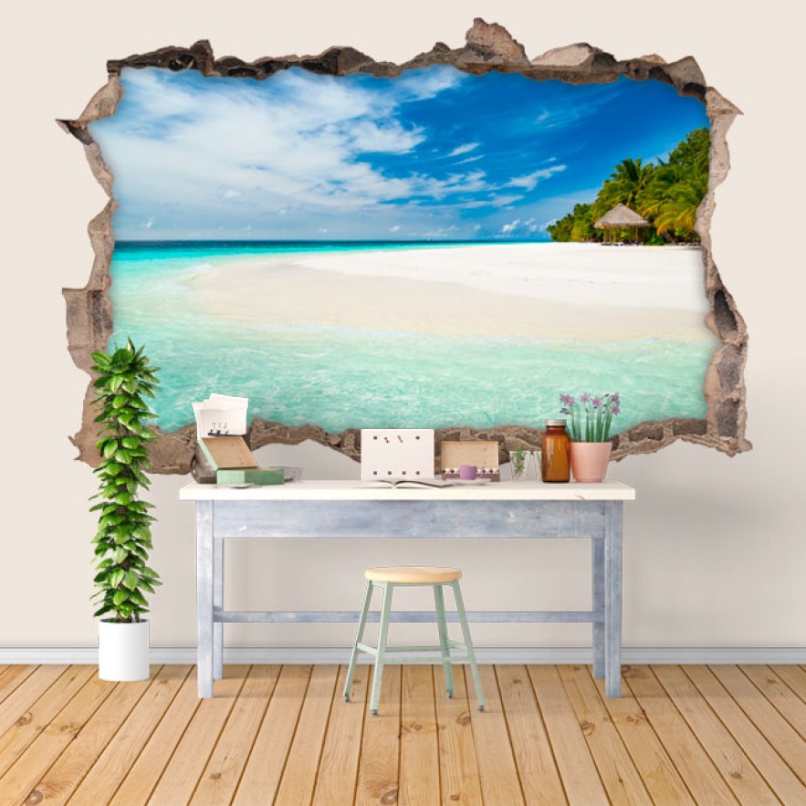 Vinilos agujero 3d paisaje paraíso tropical