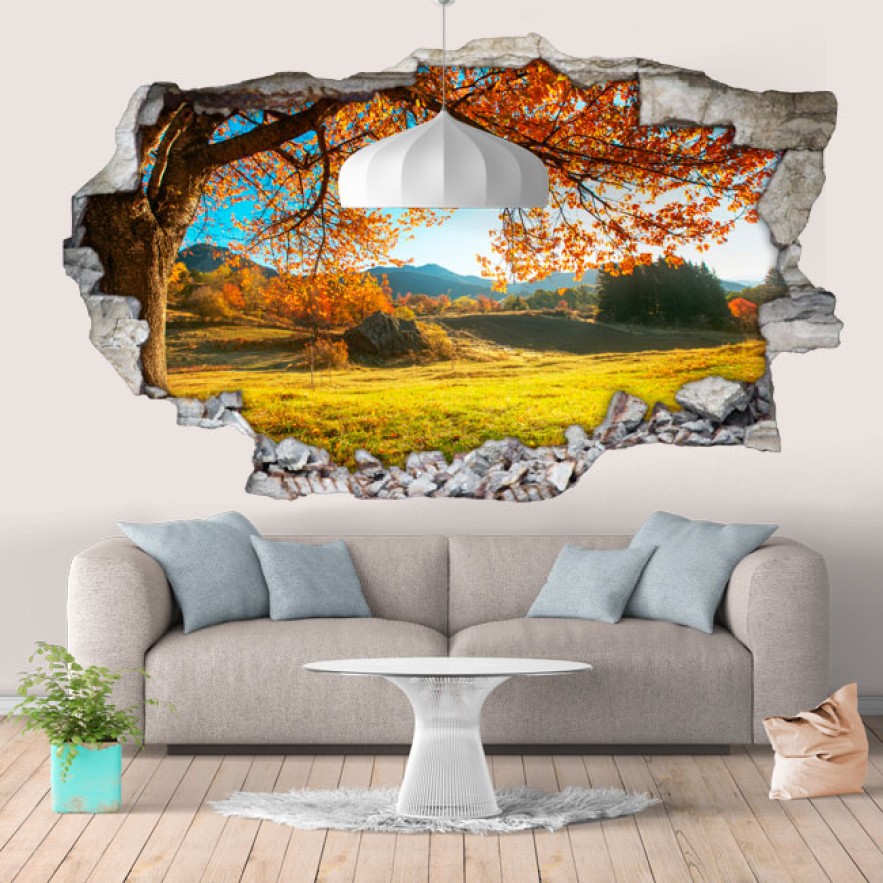 Vinilos agujero 3d paisaje árboles pradera otoñal