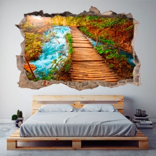 Vinilos agujero 3d camino madera cascada naturaleza