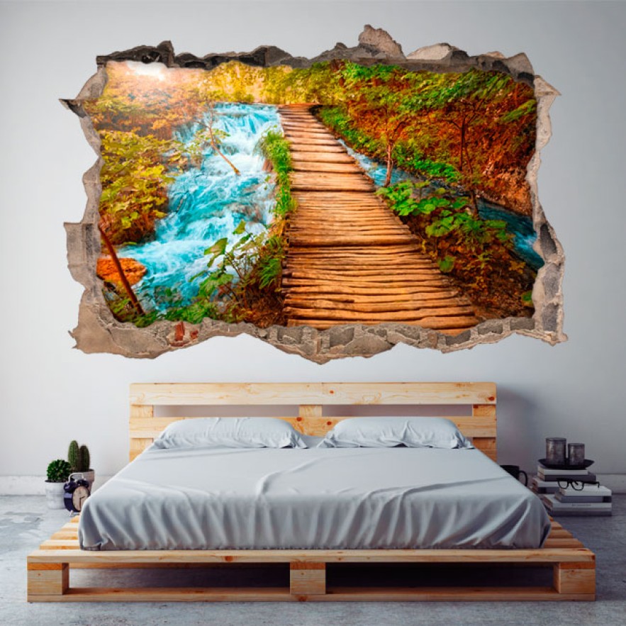 Vinilos agujero 3d camino madera cascada naturaleza