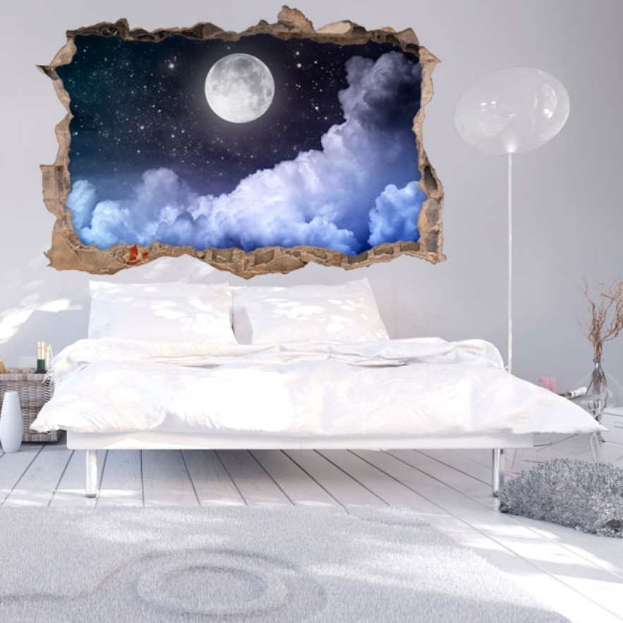 Vinilos agujero 3d paisaje nubes y luna llena