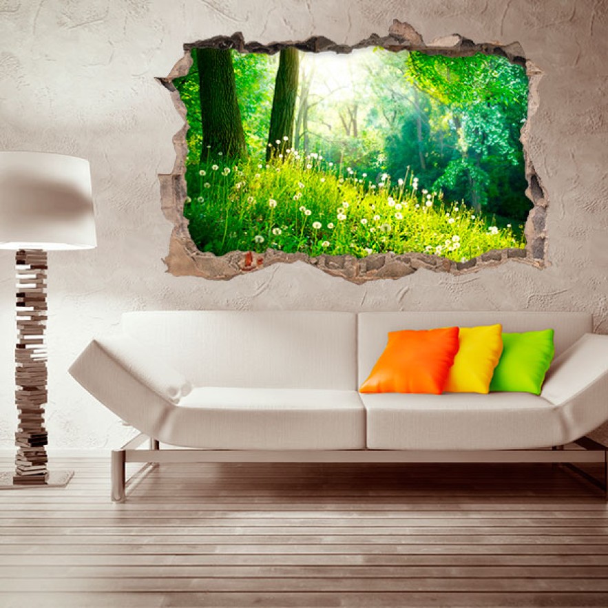 Vinilos agujero 3d paisaje árboles y flores naturaleza