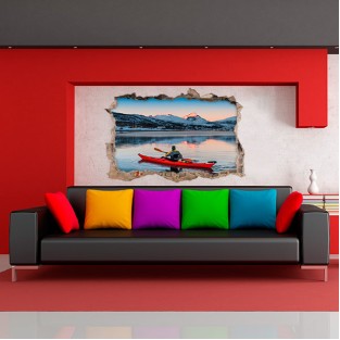 Vinilos agujero 3d kayak en lago con montañas