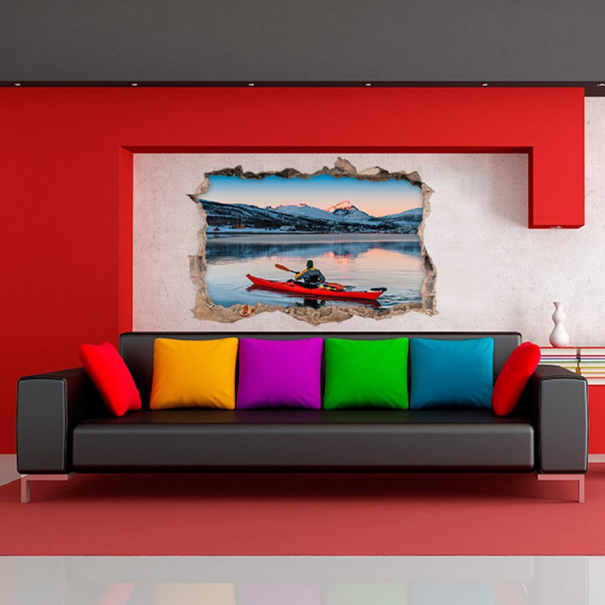 Vinilos agujero 3d kayak en lago con montañas
