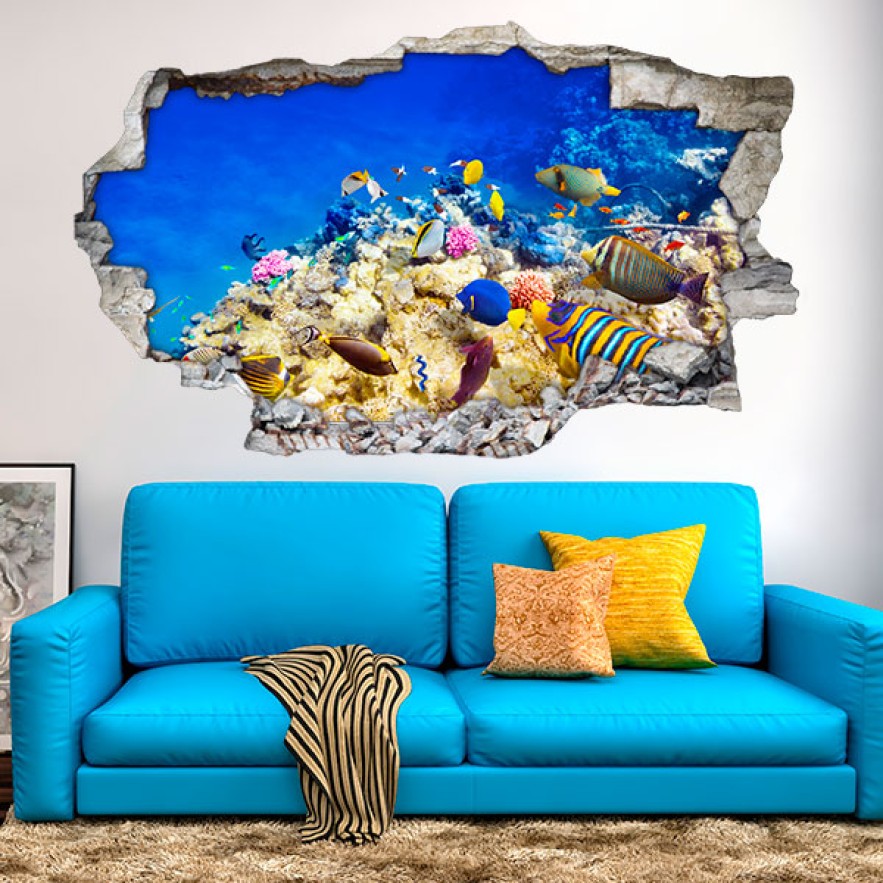 Vinilo agujero 3d peces de colores en el mar