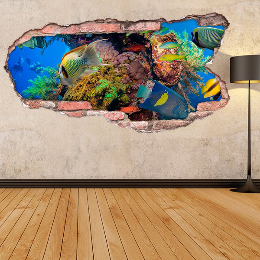 Vinilo agujero 3d peces bajo el mar
