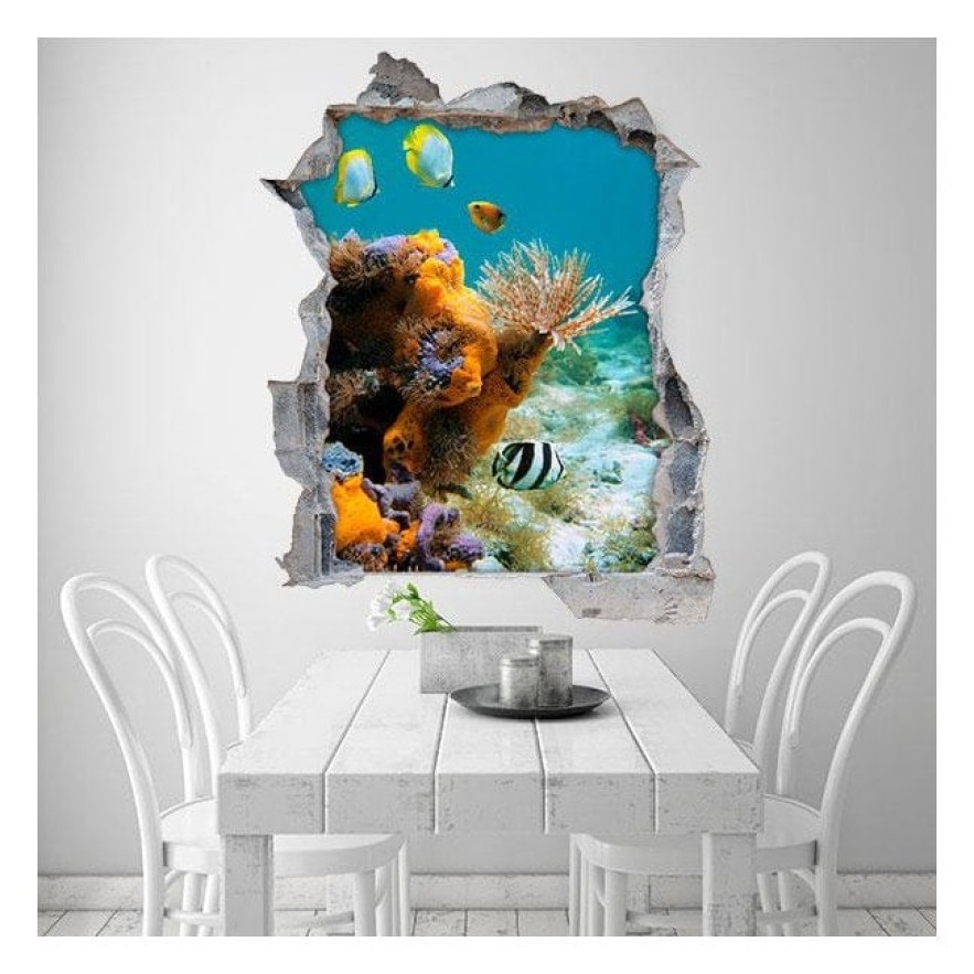 Vinilo agujero 3d peces y corales bajo el mar