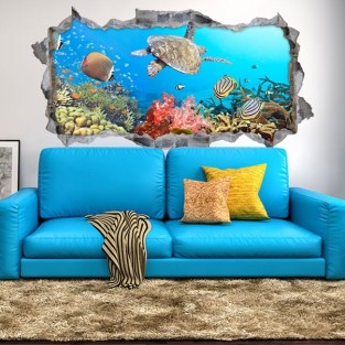 Vinilos agujero 3d peces y tortuga bajo el mar