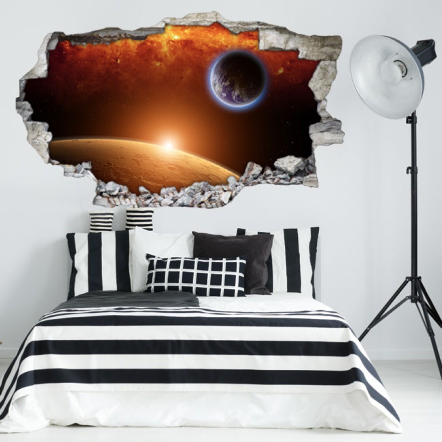 Vinilos agujero 3d planeta tierra con marte y el sol