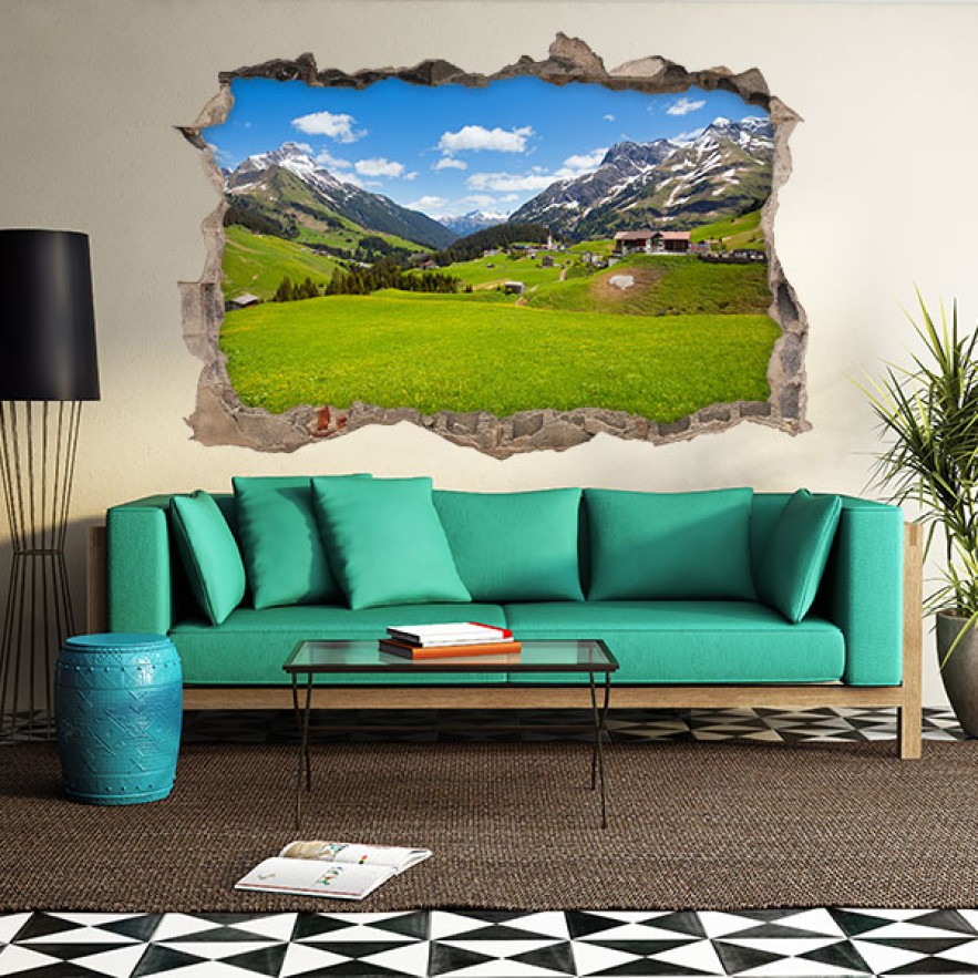 Vinilos agujero 3d paisaje pueblos montañas