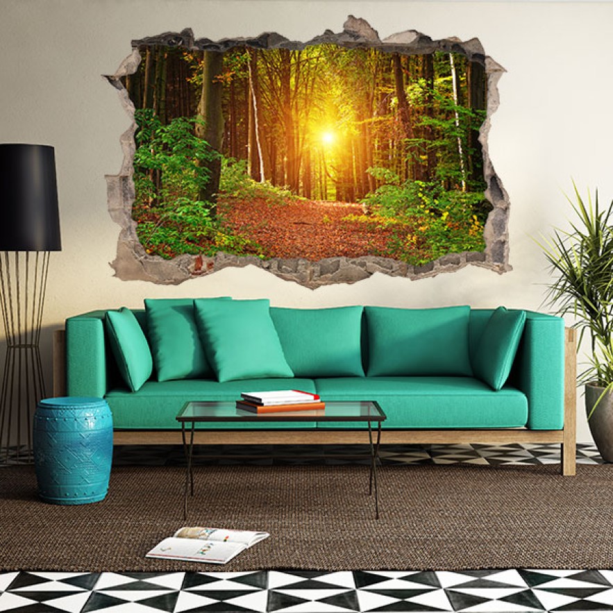 Vinilos agujero 3d puesta de sol bosque