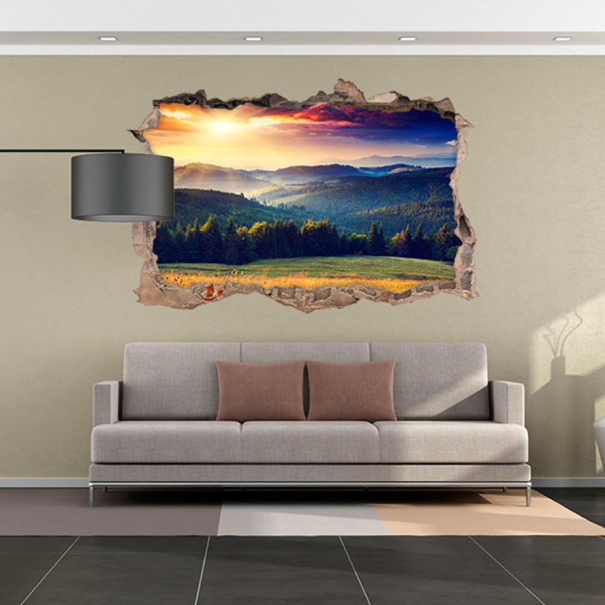 Vinilos agujero 3d puesta sol en las montañas