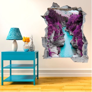 Vinilos agujero 3d río en la montaña con arbustos Vinilos agujero 3d río en la montaña con arbustos
