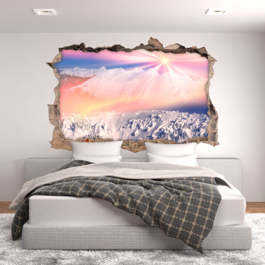 Vinilos agujero 3d sol al atardecer montañas nevadas