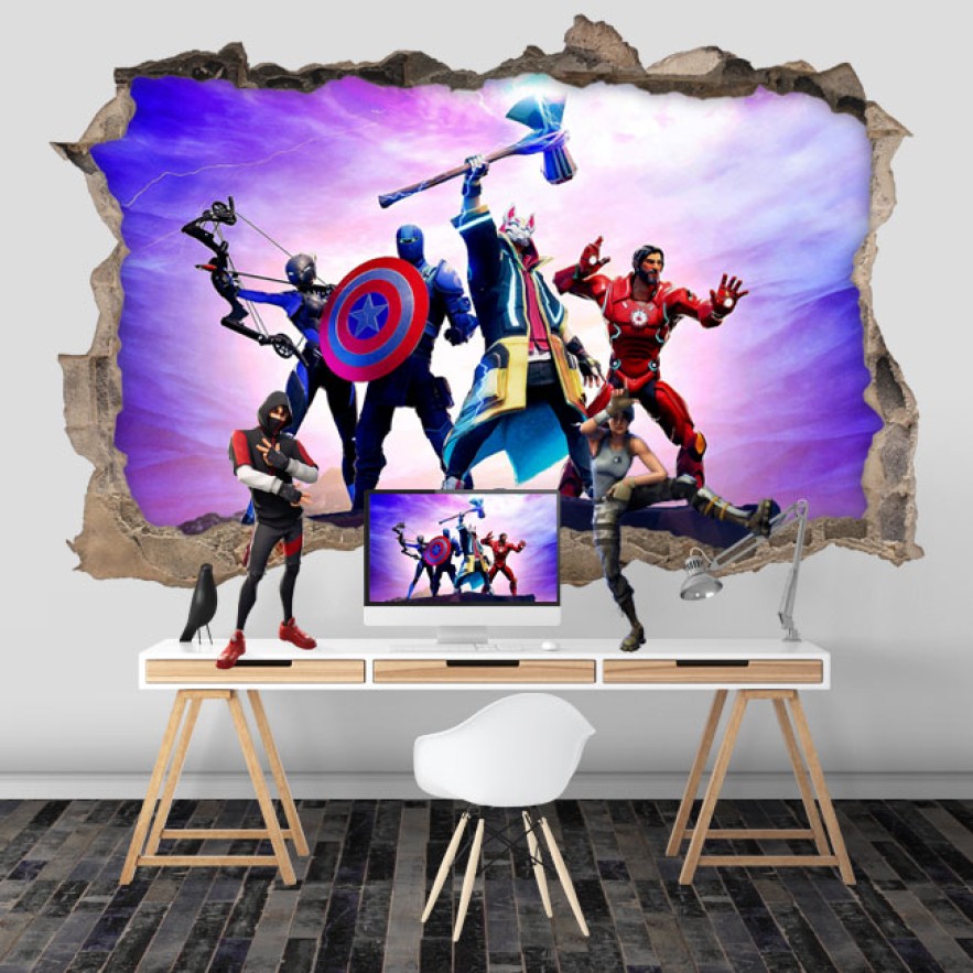 Vinilo decorativo agujero 3d videojuego fortnite avengers