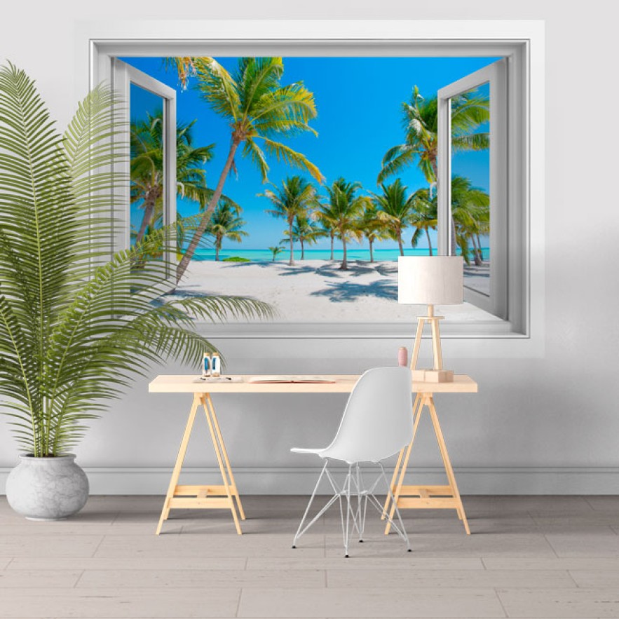 Vinilos ventanas 3d palmeras en la playa