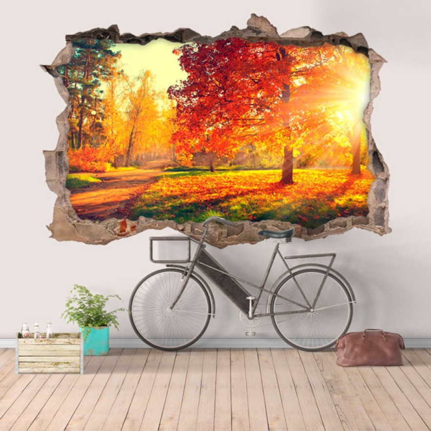Vinilo agujero 3d atardecer con árboles en otoño