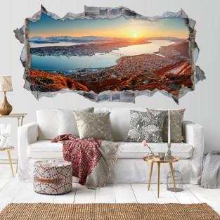 Vinilos agujero 3d panorámica atardecer noruega Vinilos agujero 3d panorámica atardecer noruega