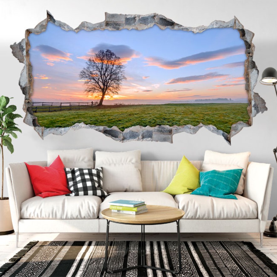Vinilos agujero 3d atardecer en el campo