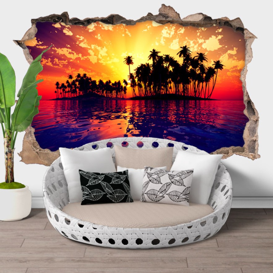 Vinilos agujero 3d atardecer colorido en la isla
