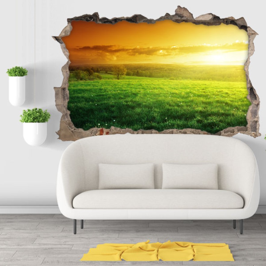 Vinilos agujero 3d paisaje campo al atardecer