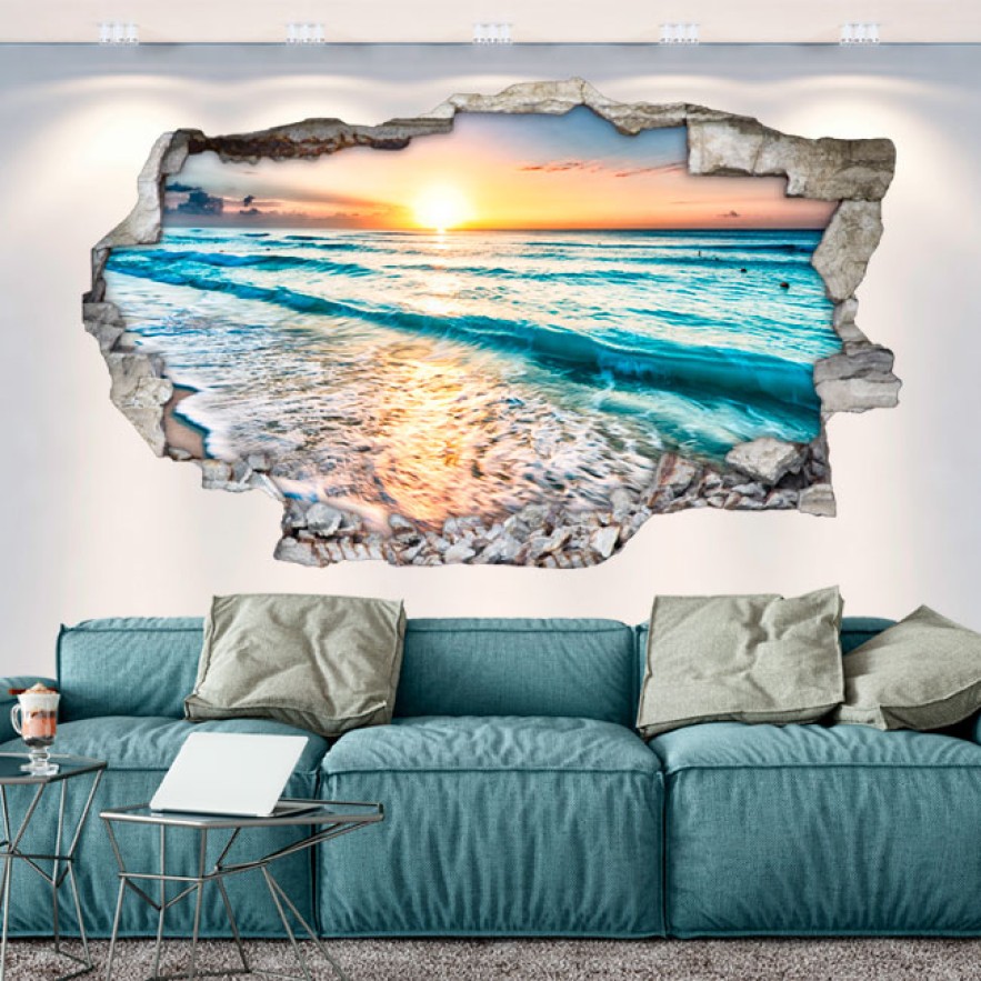 Vinilos agujero 3d paisaje atardecer en la playa