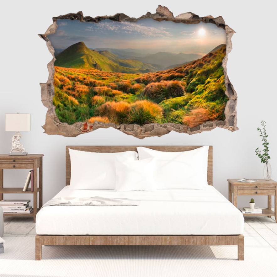 Vinilos agujero 3d montaña al atardecer
