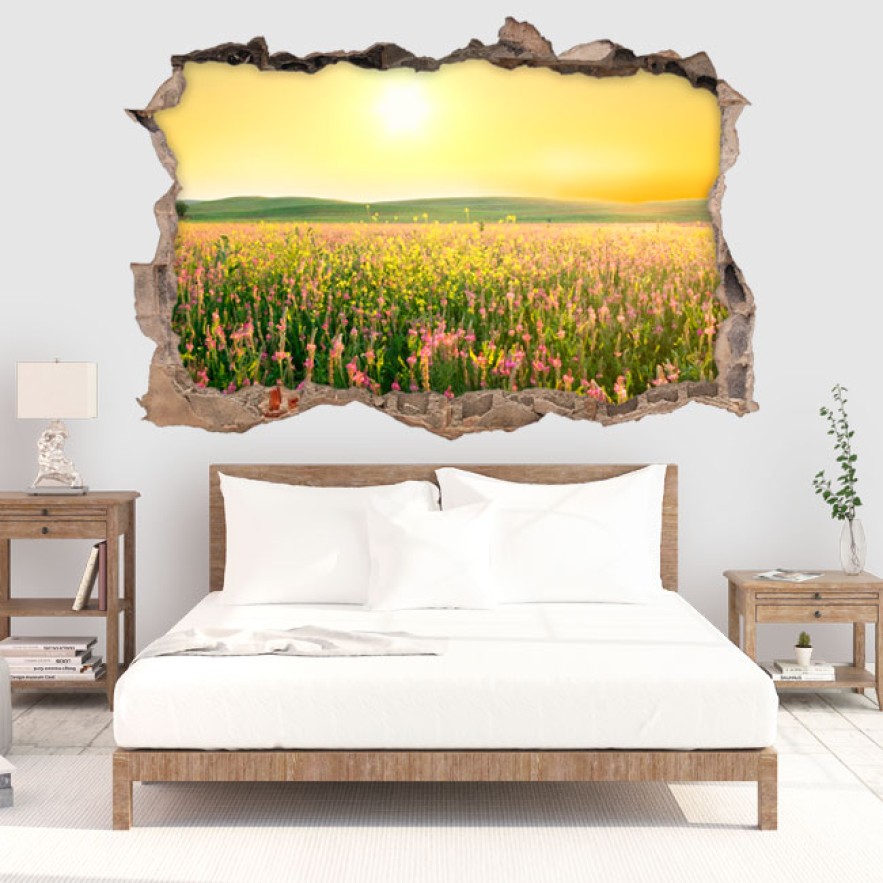 Vinilos agujero3d flores en el campo al atardecer