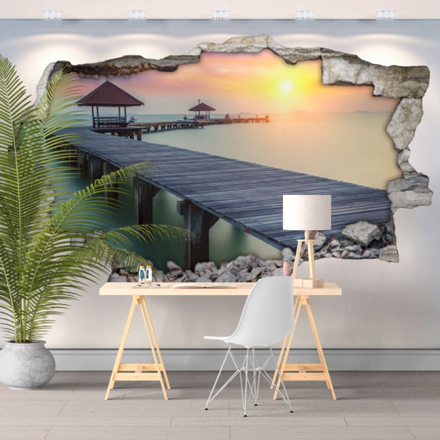 Vinilos agujero 3d atardecer puente en la isla