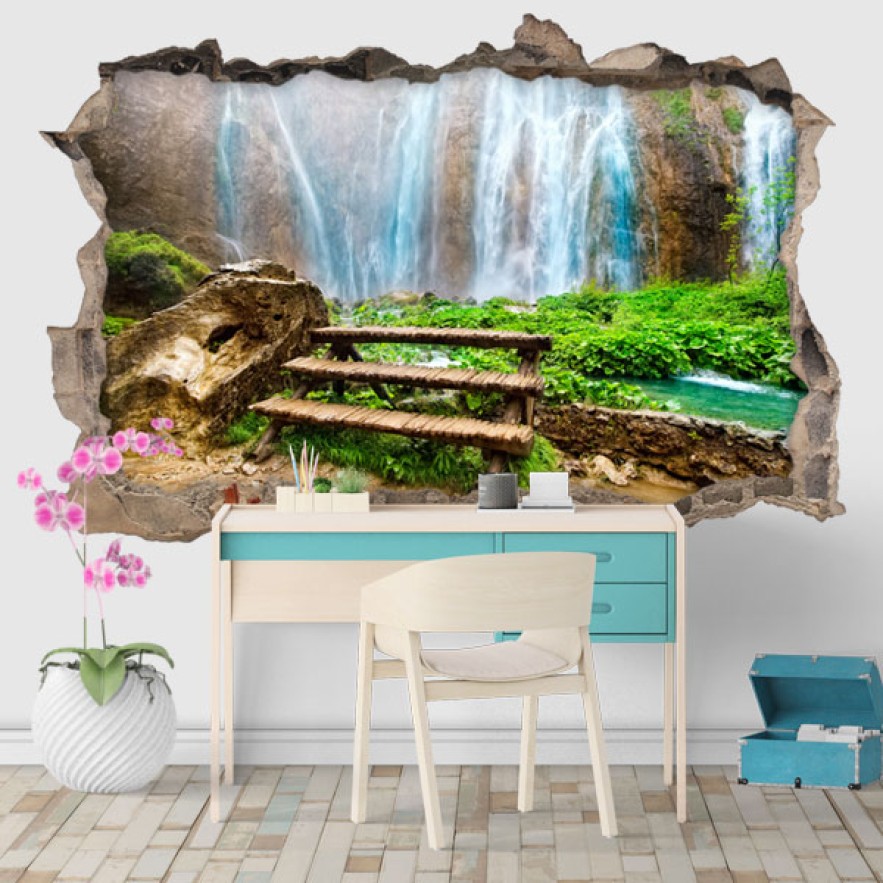 Vinilos agujero 3d paisaje con cascadas