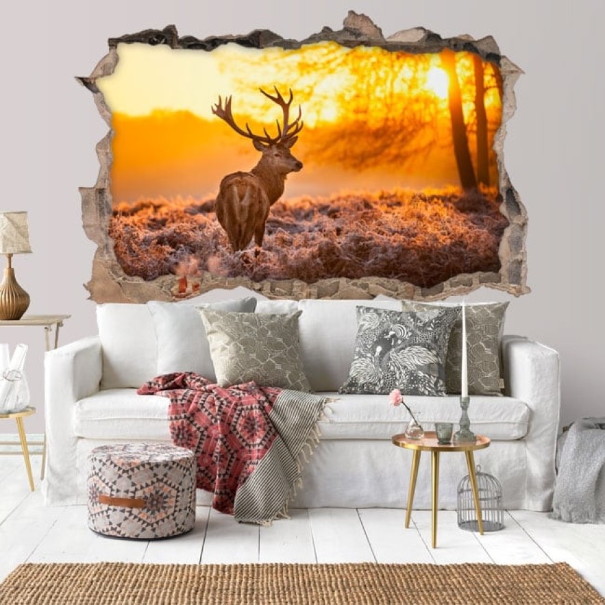 Vinilo agujero 3d paisaje ciervo y puesta de sol