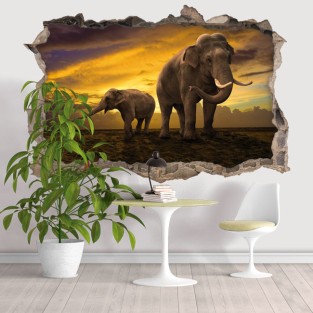 Vinilos agujeros 3d elefantes atardecer Vinilos agujeros 3d elefantes atardecer