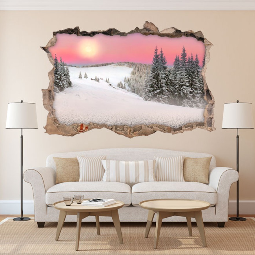 Vinilos agujero pared 3d montañas nevadas