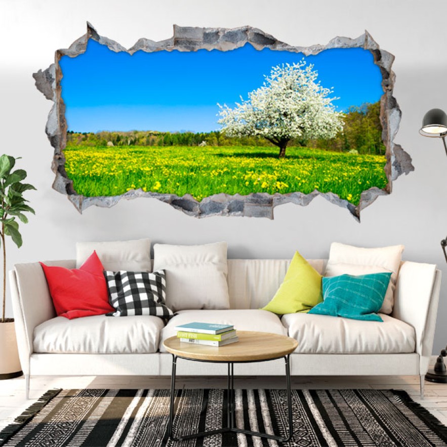 Vinilos agujero 3d paisaje árbol flor de cerezo