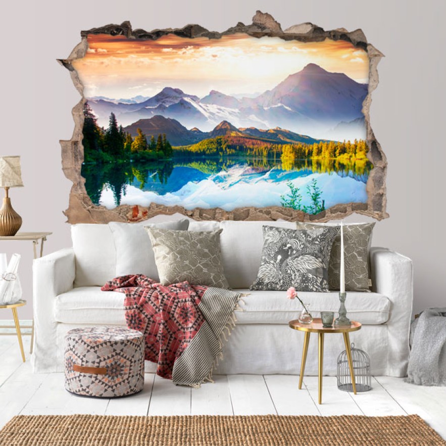 Vinilos agujero 3d atardecer lago y montañas
