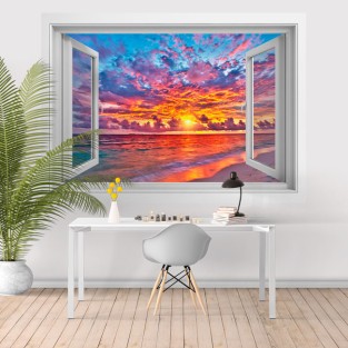 Vinilos efecto ventana 3d atardecer en la playa Vinilos efecto ventana 3d atardecer en la playa
