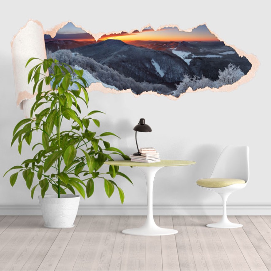 Vinilo papel rasgado 3d atardecer montañas nevadas